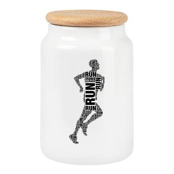 Running Man Silhouette Black Run Text Human Shape - Cookie Jar with Wooden Lid - white - Front