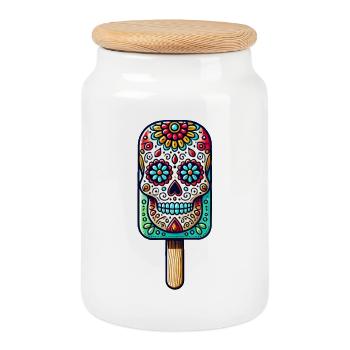 funny skull ice motif - Día de Muertos - Cookie Jar with Wooden Lid - white - Front