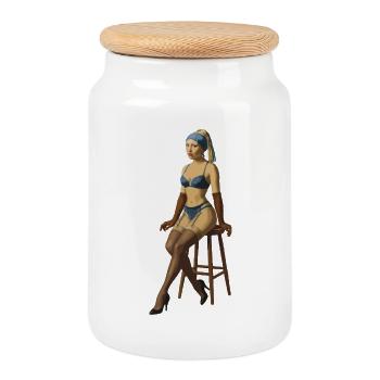 Girl with a pearl earring pinup png - Cookie Jar with Wooden Lid - white - Front