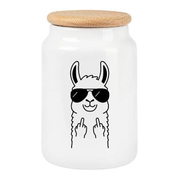 Llama with sunglasses – cheeky middle finger - Cookie Jar with Wooden Lid - white - Front