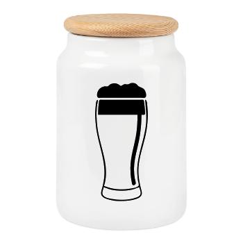 Bierglas mit üppigem Schaum - Keksdose mit Holzdeckel - Weiß - Vorne