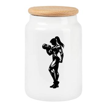 Bodybuilder Woman Fitness - Cookie Jar with Wooden Lid - white - Front