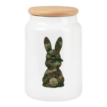 Hase von hinten Cap Tarnfarben Kappe Camouflage - Keksdose mit Holzdeckel - Weiß - Vorne