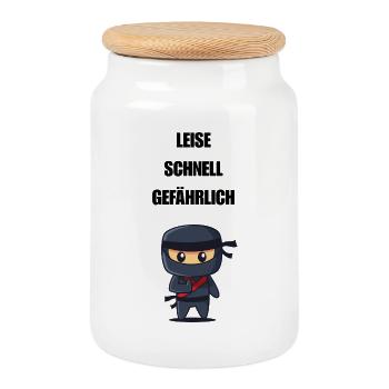 Leise Schnell Gefährlich Ninja - Keksdose mit Holzdeckel - Weiß - Vorne