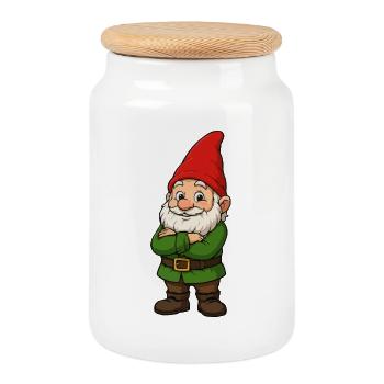 Kleiner Gartenwicht mit rotem Hut - Keksdose mit Holzdeckel - Weiß - Vorne