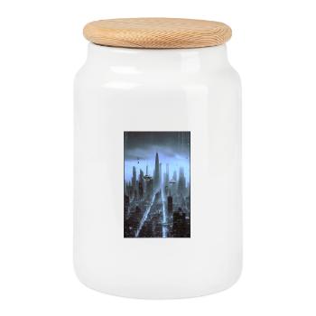 Paysage urbain futuriste la nuit - Boîte à biscuits avec couvercle en bois - blanc - Devant