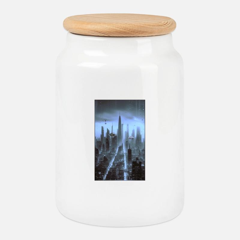 Futuristische Stadtlandschaft bei Nacht - Keksdose mit Holzdeckel - Weiß