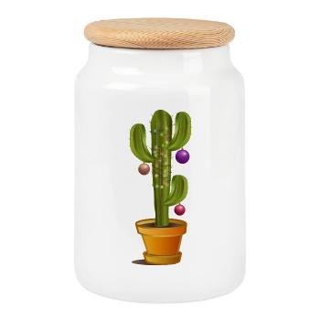 Christmas decorated cactus for Christmas - Cookie Jar with Wooden Lid - white - Front