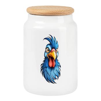 A blue-feathered rooster - Cookie Jar with Wooden Lid - white - Front