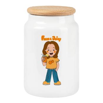 Cheerful Orange Juice Girlfriend - Cookie Jar with Wooden Lid - white - Front