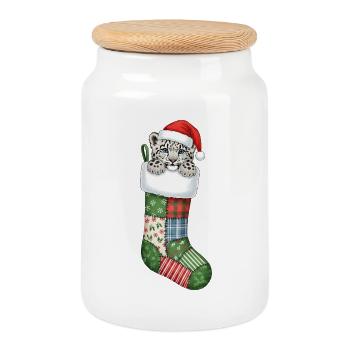 Cartoon Baby Snow Leopard in Christmas Sock - Cookie Jar with Wooden Lid - white - Front