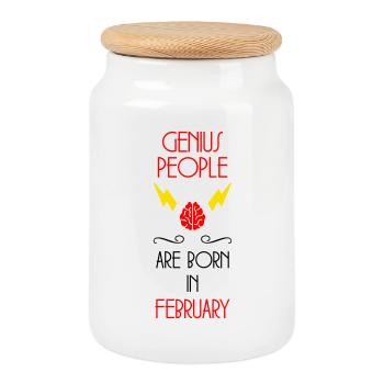les génies naissent en Février - Anniversaire - Boîte à biscuits avec couvercle en bois - blanc - Devant