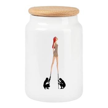 Frau Stelzen Beine Festhalten Surrealismus - Keksdose mit Holzdeckel - Weiß - Vorne
