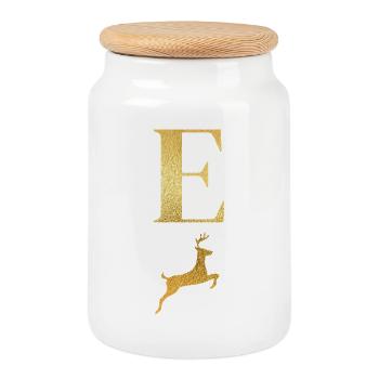 Buchstabe e goldener Hirsch - Geschenkidee - Keksdose mit Holzdeckel - Weiß - Vorne