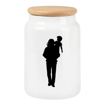Silhouette père-enfant marchant famille Amour de père - Boîte à biscuits avec couvercle en bois - blanc - Devant