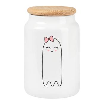 Fantôme avec un nœud rose – Un joli design d’Halloween - Boîte à biscuits avec couvercle en bois - blanc - Devant