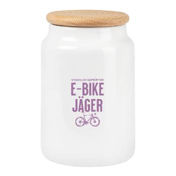 Staatlich Geprüft E-Bike Jäger  - Keksdose mit Holzdeckel - Weiß - Vorne