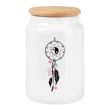 Dreamcatcher aux plumes, aux flûtes - Boîte à biscuits avec couvercle en bois - blanc - Devant
