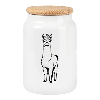 Llama Beanie - Cookie Jar with Wooden Lid - white - Front