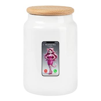 Pink Catgirl on Call - Cookie Jar with Wooden Lid - white - Front