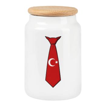 Cravate rouge avec croissant de lune et étoile - Boîte à biscuits avec couvercle en bois - blanc - Devant