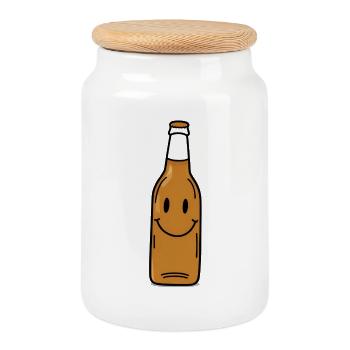 Lächelnde Bierflasche Cartoon - Keksdose mit Holzdeckel - Weiß - Vorne