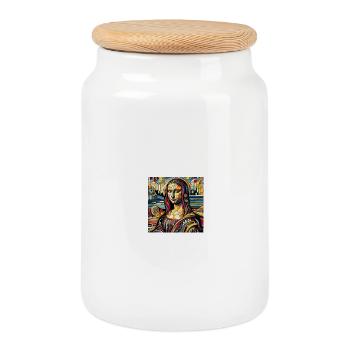 Mona Lisa meets Hundertwasser - Keksdose mit Holzdeckel - Weiß - Vorne