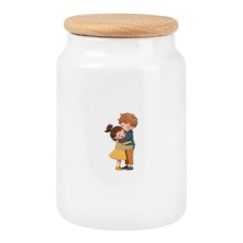 Câlins et Bonjour entre enfants - Boîte à biscuits avec couvercle en bois - blanc - Devant