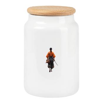 Silhouette de samouraï en robe orange - Boîte à biscuits avec couvercle en bois - blanc - Devant