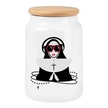 The nun with sunglasses and headphones - Cookie Jar with Wooden Lid - white - Front