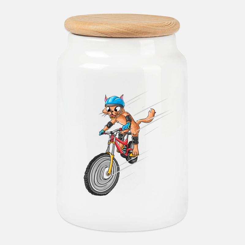 Fahrrad Katze - Keksdose mit Holzdeckel - Weiß