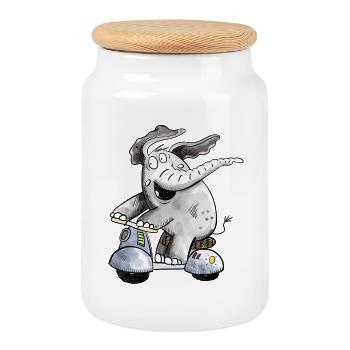 Happy Elefant Fährt Roller Fun Tiermotiv Geschenk - Keksdose mit Holzdeckel - Weiß - Vorne