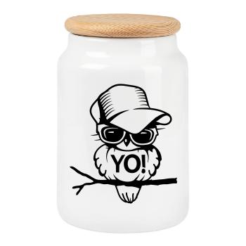 Vogel mit Brille und Baseballcap - Keksdose mit Holzdeckel - Weiß - Vorne
