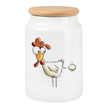 Chicken lays an egg - Hen - Gift - Cartoon - Cookie Jar with Wooden Lid - white - Front