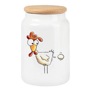 Plopp es ist raus das Ei - Huhn - Hahn - Gockel - Keksdose mit Holzdeckel - Weiß - Vorne