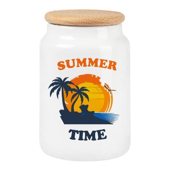 Summer-inspired palm trees with sunset - Cookie Jar with Wooden Lid - white - Front