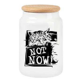 Cat Sleep Funny Sayings not now Pets - Cookie Jar with Wooden Lid - white - Front