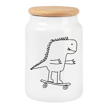 Dino on Skateboard – Cool Cartoon for Nerds - Cookie Jar with Wooden Lid - white - Front
