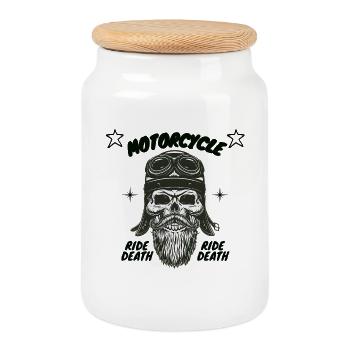 Skull Aviator Motorcycle Ride Death - Cookie Jar with Wooden Lid - white - Front