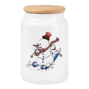 Bonhomme de neige joyeux sur des skis avec chapeau rouge. - Boîte à biscuits avec couvercle en bois - blanc - Devant