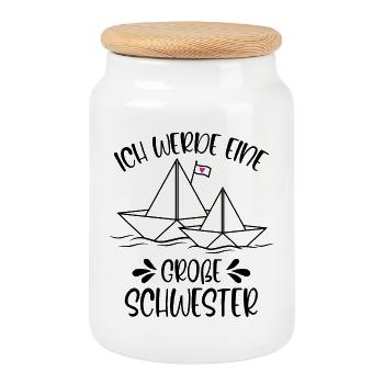 Papierschiff Schiff Ich werde eine große Schwester - Keksdose mit Holzdeckel - Weiß - Vorne