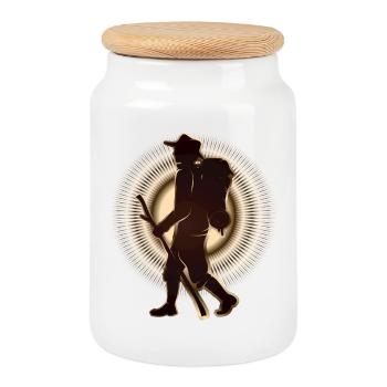 Pilgrim or hiker with walking stick & backpack - Cookie Jar with Wooden Lid - white - Front
