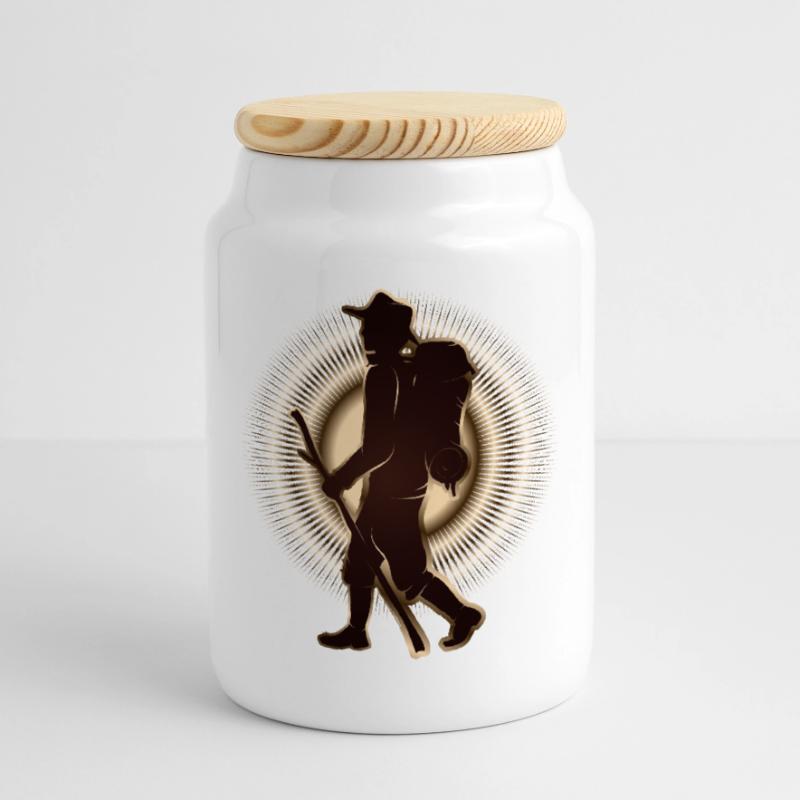 Pilger oder Wanderer mit Wanderstab & Rucksack Keksdose mit Holzdeckel