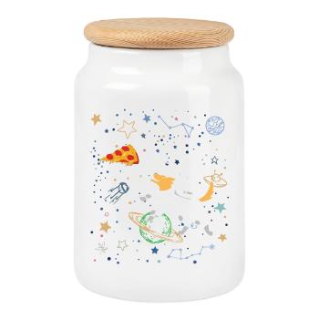 Cartoon Astronaut mit Weltraum und Pizza - Keksdose mit Holzdeckel - Weiß - Vorne