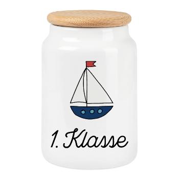 Lustiges Geschenk zur Einschulung - Keksdose mit Holzdeckel - Weiß - Vorne