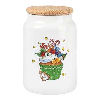 Bunter Weihnachtsmuffin - Keksdose mit Holzdeckel - Weiß - Vorne