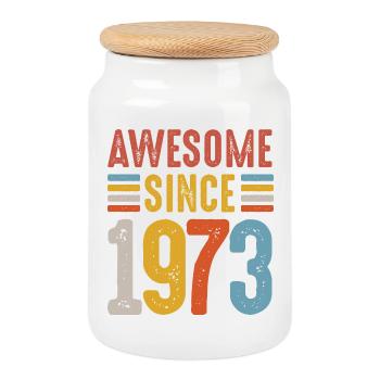 Genial seit 1973 Retro Abzeichen - Keksdose mit Holzdeckel - Weiß - Vorne