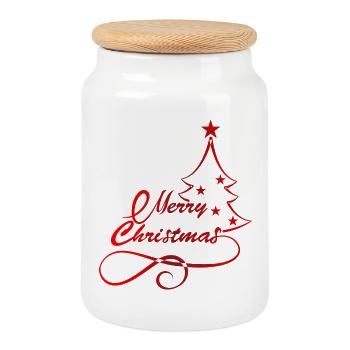 Festive Christmas Tree Silhouette Print - Cookie Jar with Wooden Lid - white - Front