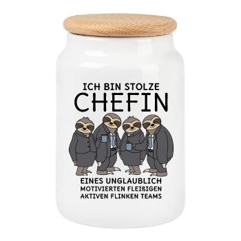 Stolze Chefin unglaublich fleißiges Team Faultiere - Keksdose mit Holzdeckel - Weiß - Vorne
