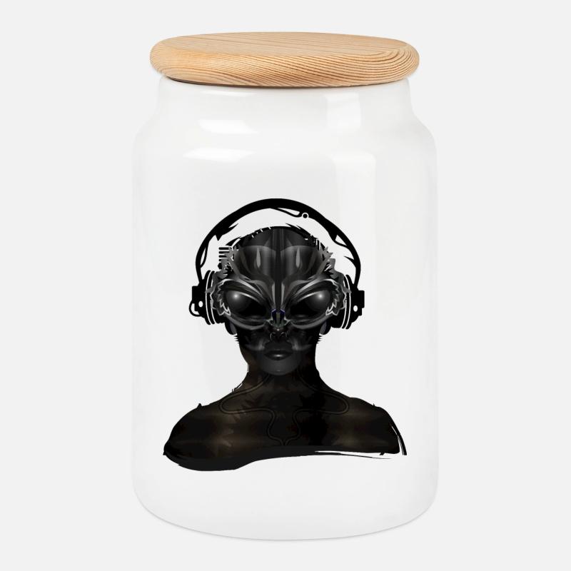 futuristisches Cyborg Wesen mit Kopfhörer - Keksdose mit Holzdeckel - Weiß